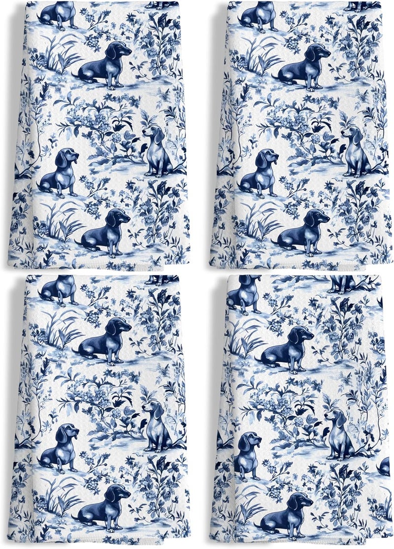 Nipil Chinoiserie Dachshund Kitchen Towels Set of 4,Blue and White Floral Botanical Dachshund Decorative Dish Tea Towels, Grandmillennial Weiner Dog Hand Towels for Kitchen Bathroom, 16x24 Inch - Image 1